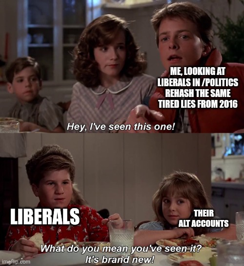repeat | ME, LOOKING AT LIBERALS IN /POLITICS REHASH THE SAME TIRED LIES FROM 2016; THEIR ALT ACCOUNTS; LIBERALS | image tagged in hey i've seen this one | made w/ Imgflip meme maker