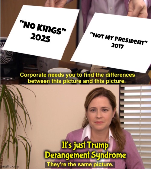 They're The Same Picture Meme | "No Kings"
2025 "Not My President"
2017 It's just Trump Derangement Syndrome | image tagged in memes,they're the same picture | made w/ Imgflip meme maker