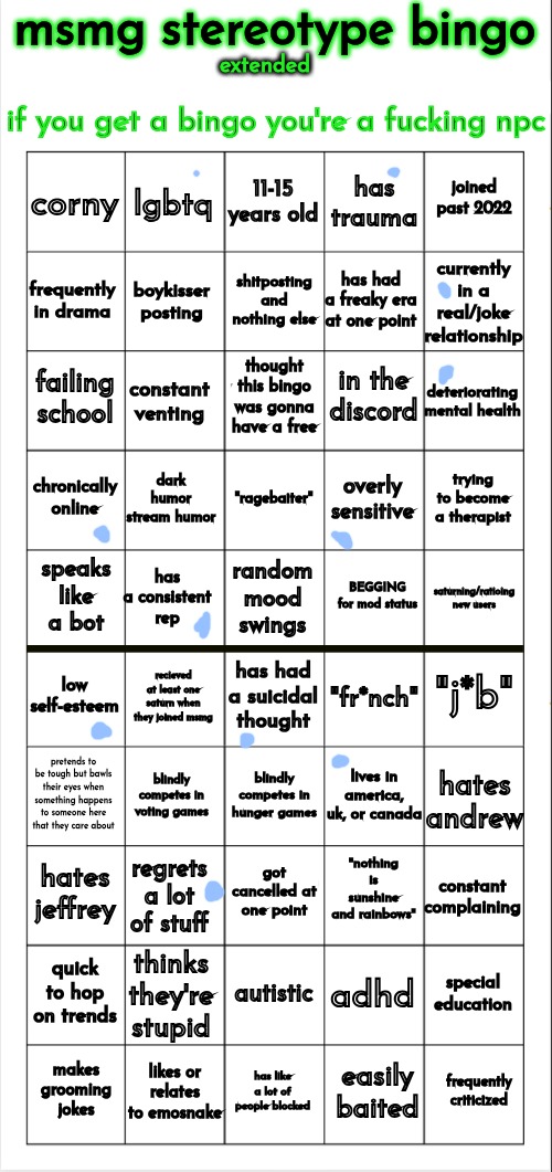bweh | image tagged in msmg stereotype bingo extended | made w/ Imgflip meme maker