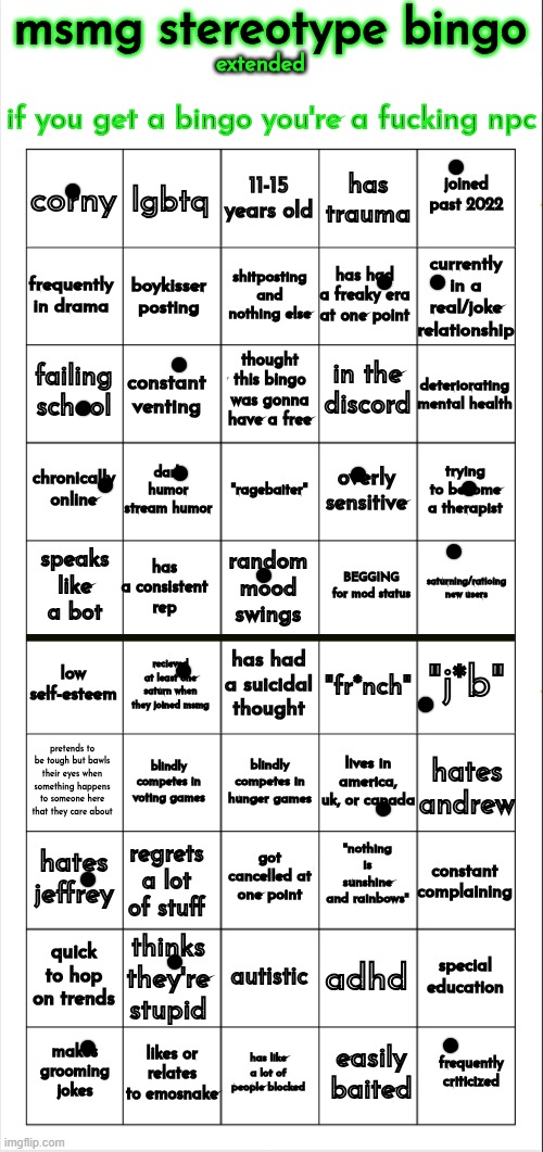 im safe | image tagged in msmg stereotype bingo extended | made w/ Imgflip meme maker