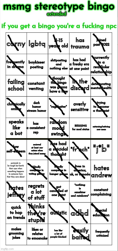 msmg stereotype bingo (extended) | image tagged in msmg stereotype bingo extended | made w/ Imgflip meme maker