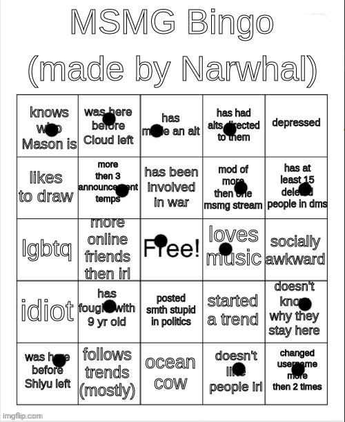 msmg bingo | image tagged in msmg bingo | made w/ Imgflip meme maker