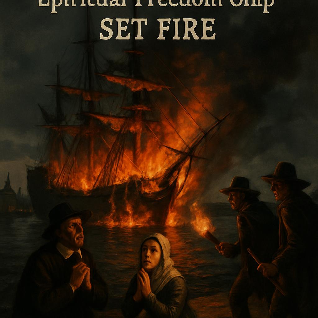 The Pilgrims spiritual freedom ship SET FIRE in the harbor BY 2 Blank Meme Template