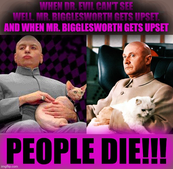 WHEN DR. EVIL CAN'T SEE WELL, MR. BIGGLESWORTH GETS UPSET. AND WHEN MR. BIGGLESWORTH GETS UPSET PEOPLE DIE!!! | made w/ Imgflip meme maker