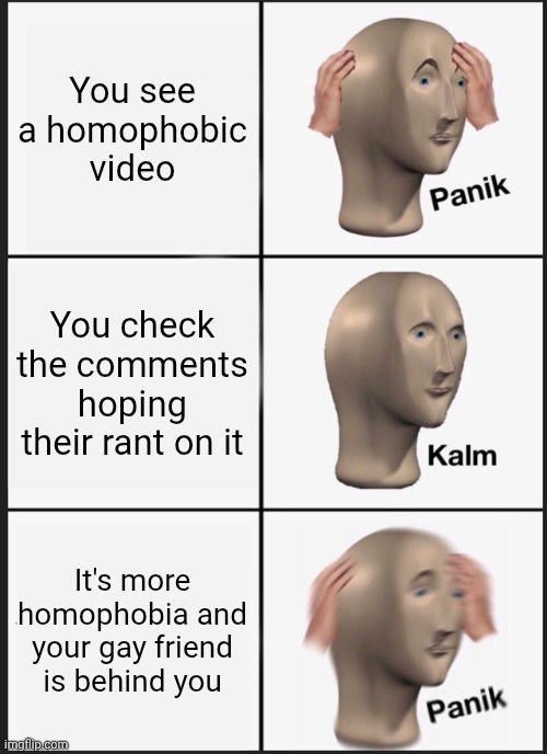 Stop homophobic my boys | You see a homophobic video; You check the comments hoping their rant on it; It's more homophobia and your gay friend is behind you | image tagged in memes,panik kalm panik | made w/ Imgflip meme maker