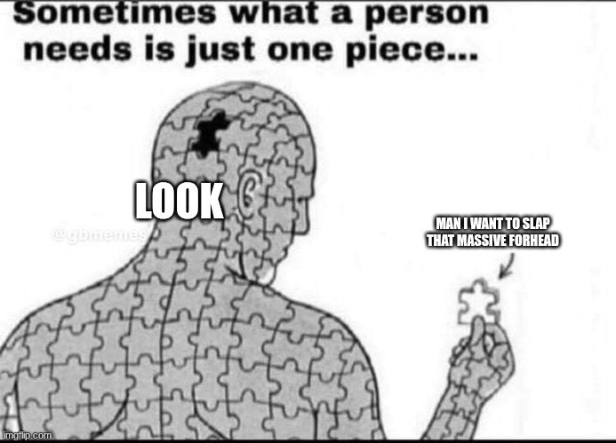 One missing piece | LOOK; MAN I WANT TO SLAP THAT MASSIVE FORHEAD | image tagged in one missing piece | made w/ Imgflip meme maker