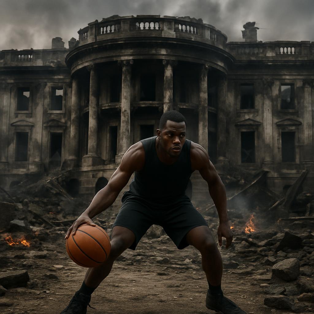 black man plays basketball in the burned-out ruins of the White Blank Meme Template