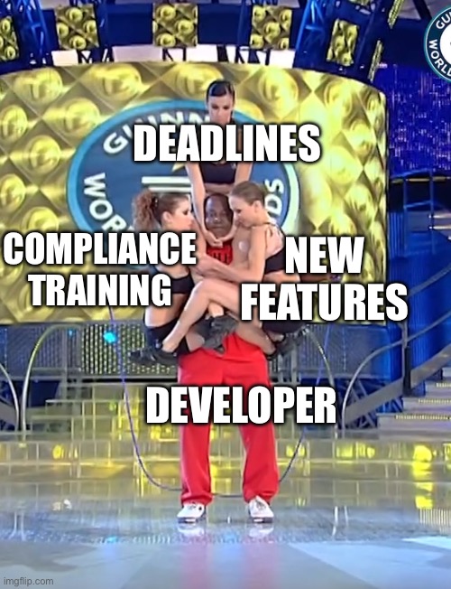 Developer balancing | DEADLINES; NEW FEATURES; COMPLIANCE TRAINING; DEVELOPER | image tagged in developer | made w/ Imgflip meme maker