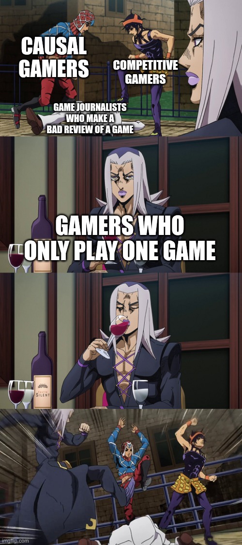 we are all looking at you ign | CAUSAL GAMERS; COMPETITIVE GAMERS; GAME JOURNALISTS WHO MAKE A BAD REVIEW OF A GAME; GAMERS WHO ONLY PLAY ONE GAME | image tagged in abbacchio joins in the fun | made w/ Imgflip meme maker