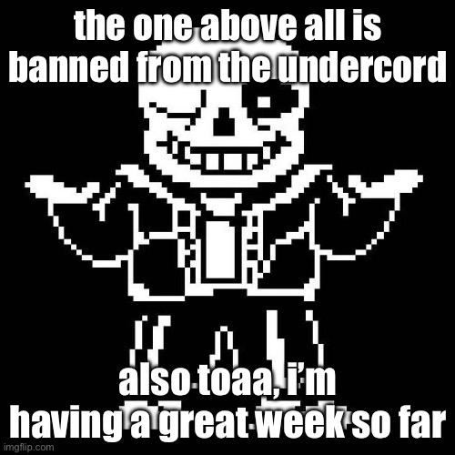sans undertale | the one above all is banned from the undercord; also toaa, i’m having a great week so far | image tagged in sans undertale | made w/ Imgflip meme maker