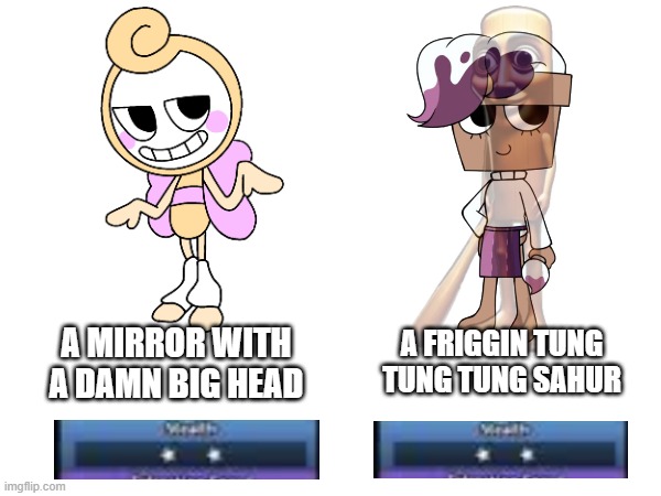 dw stats that make no sense p.1 | A MIRROR WITH A DAMN BIG HEAD; A FRIGGIN TUNG TUNG TUNG SAHUR | made w/ Imgflip meme maker