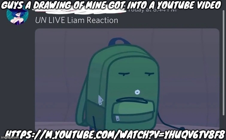 UN LIVE Liam reaction | GUYS A DRAWING OF MINE GOT INTO A YOUTUBE VIDEO; HTTPS://M.YOUTUBE.COM/WATCH?V=YHUQV6TV8F8 | image tagged in un live liam reaction | made w/ Imgflip meme maker