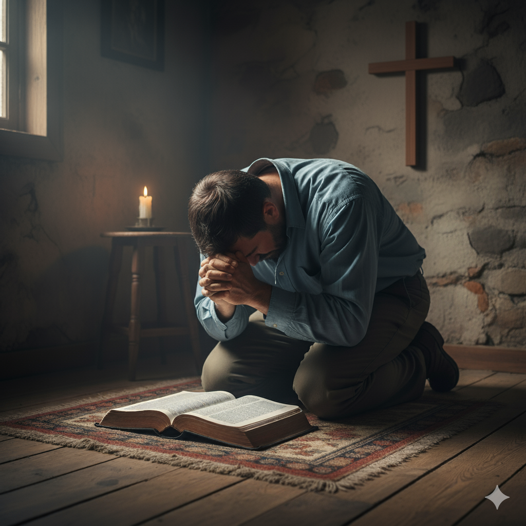Man praying with open bible Blank Meme Template