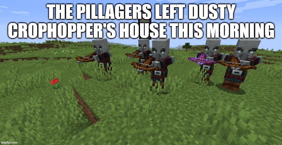 Pillager Patrol | THE PILLAGERS LEFT DUSTY CROPHOPPER'S HOUSE THIS MORNING | image tagged in pillager patrol | made w/ Imgflip meme maker