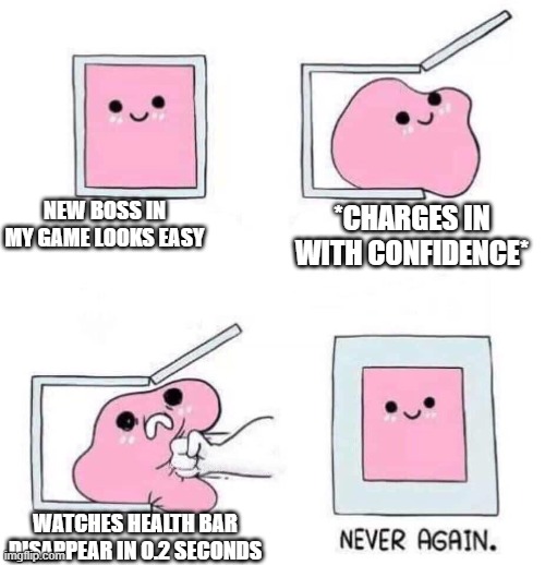 hello and goodbye | NEW BOSS IN MY GAME LOOKS EASY; *CHARGES IN WITH CONFIDENCE*; WATCHES HEALTH BAR DISAPPEAR IN 0.2 SECONDS | image tagged in never again | made w/ Imgflip meme maker