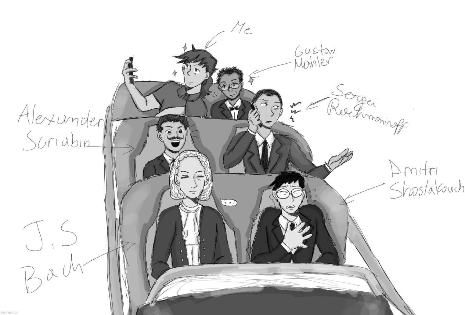 “Coloured” (just added grayscale) to the drawing | image tagged in drawing,composers,classical music,dea | made w/ Imgflip meme maker