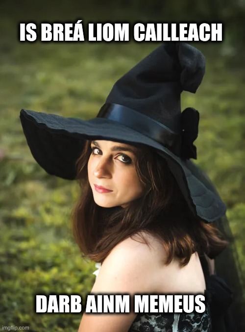 Silly Memeus | IS BREÁ LIOM CAILLEACH; DARB AINM MEMEUS | image tagged in silly,halloween,witch,still a better love story than twilight,love,love wins | made w/ Imgflip meme maker