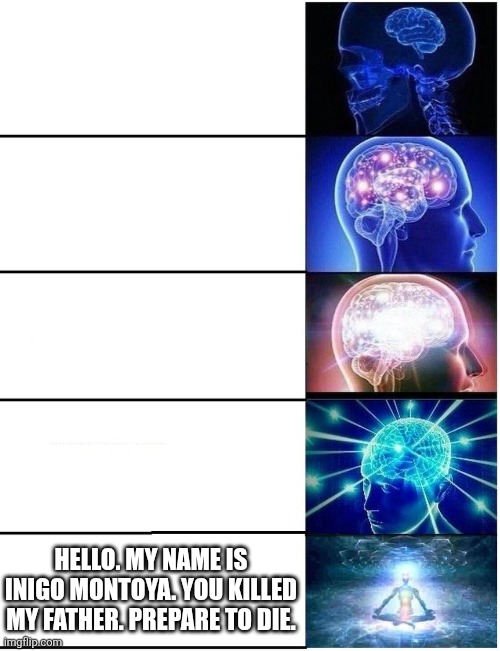 Expanding Brain 5 Panel | HELLO. MY NAME IS INIGO MONTOYA. YOU KILLED MY FATHER. PREPARE TO DIE. | image tagged in expanding brain 5 panel | made w/ Imgflip meme maker