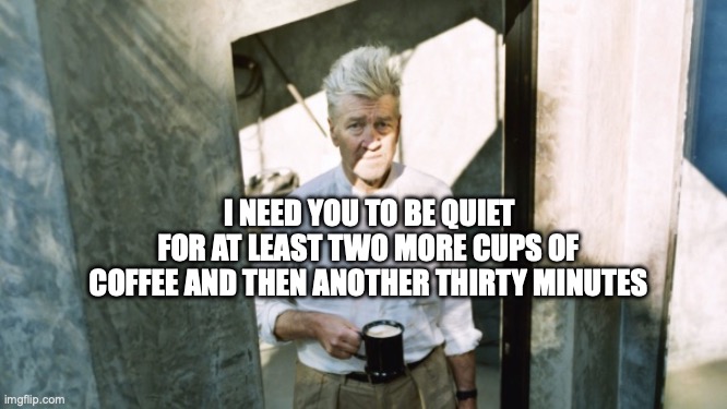 coffee | I NEED YOU TO BE QUIET; FOR AT LEAST TWO MORE CUPS OF COFFEE AND THEN ANOTHER THIRTY MINUTES | image tagged in coffee | made w/ Imgflip meme maker
