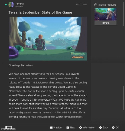 September SOTG is finally here | image tagged in terraria,video games,nintendo switch,screenshots,state of the game,news | made w/ Imgflip meme maker