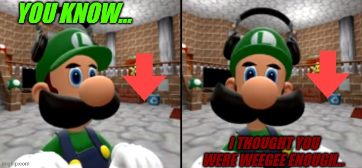 Give luigi some up vote please. | YOU KNOW... I THOUGHT YOU WERE WEEGEE ENOUGH... | image tagged in luigi turns his head and stares at you | made w/ Imgflip meme maker