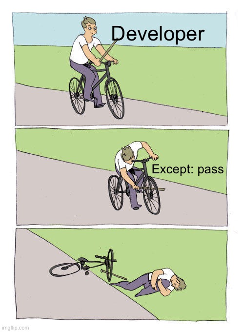 Except pass | Developer; Except: pass | image tagged in memes,bike fall | made w/ Imgflip meme maker