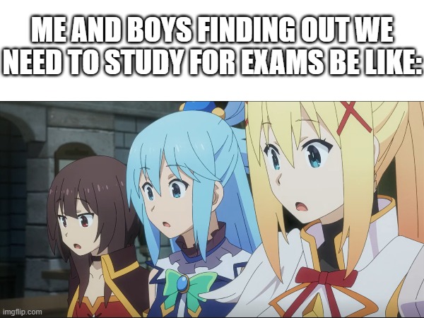 a random study meme | ME AND BOYS FINDING OUT WE NEED TO STUDY FOR EXAMS BE LIKE: | image tagged in school,konosuba | made w/ Imgflip meme maker