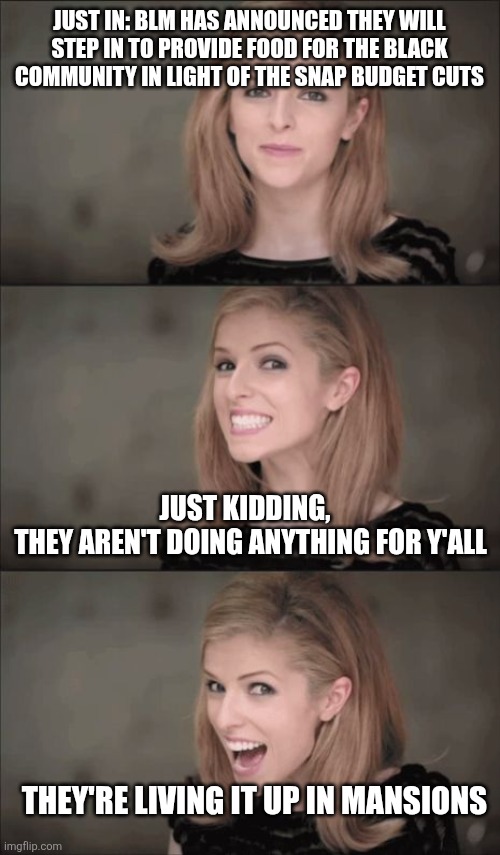 Bad Pun Anna Kendrick | JUST IN: BLM HAS ANNOUNCED THEY WILL STEP IN TO PROVIDE FOOD FOR THE BLACK COMMUNITY IN LIGHT OF THE SNAP BUDGET CUTS; JUST KIDDING,  
THEY AREN'T DOING ANYTHING FOR Y'ALL; THEY'RE LIVING IT UP IN MANSIONS | image tagged in memes,bad pun anna kendrick | made w/ Imgflip meme maker