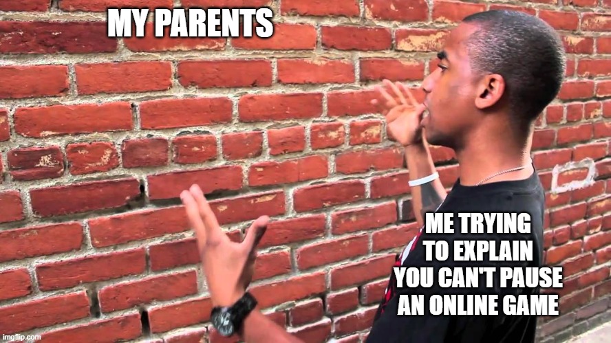 not like their not gonna make me leave the game anyways | MY PARENTS; ME TRYING TO EXPLAIN YOU CAN'T PAUSE AN ONLINE GAME | image tagged in talking to wall | made w/ Imgflip meme maker