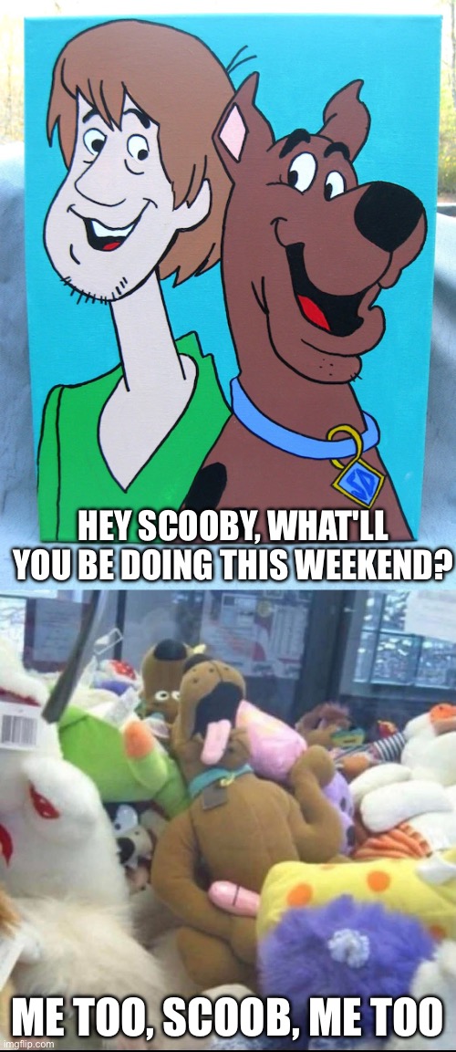 Weekend Plans | HEY SCOOBY, WHAT'LL YOU BE DOING THIS WEEKEND? ME TOO, SCOOB, ME TOO | image tagged in shaggy and scooby,weekend | made w/ Imgflip meme maker