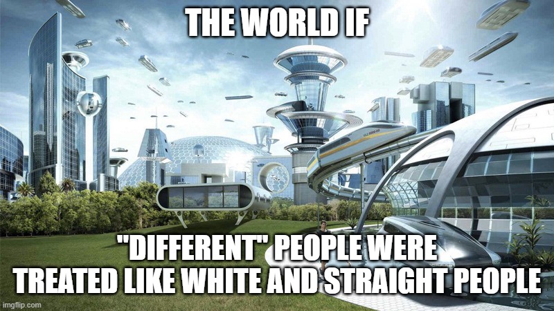 The future world if | THE WORLD IF; "DIFFERENT" PEOPLE WERE TREATED LIKE WHITE AND STRAIGHT PEOPLE | image tagged in the future world if | made w/ Imgflip meme maker