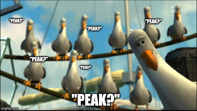 POV: when you and everyone else that saw something else is good | "PEAK?"; "PEAK?"; "PEAK?"; "PEAK?"; "PEAK?"; "PEAK?" | image tagged in nemo seagulls mine | made w/ Imgflip meme maker