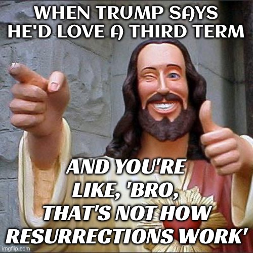 WHEN TRUMP SAYS HE'D LOVE A THIRD TERM | WHEN TRUMP SAYS HE'D LOVE A THIRD TERM; AND YOU'RE LIKE, 'BRO, THAT'S NOT HOW RESURRECTIONS WORK' | image tagged in memes,buddy christ,donald trump,president of the united states,resurrection,the constitution | made w/ Imgflip meme maker