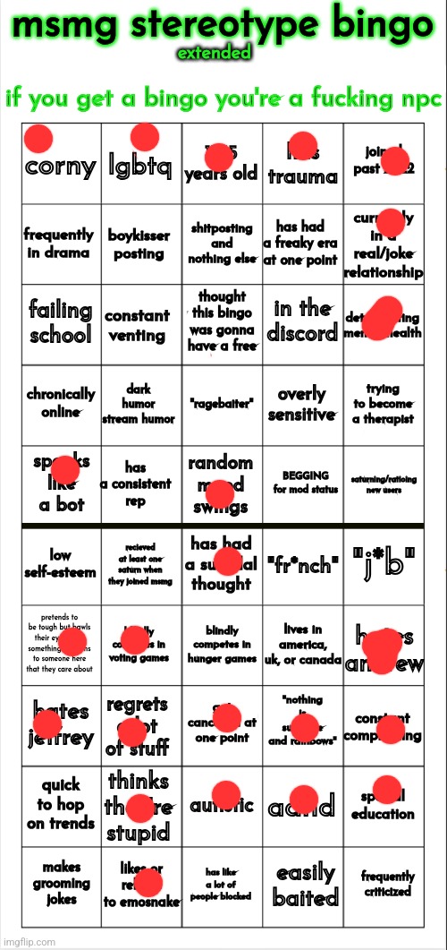 bot | image tagged in msmg stereotype bingo extended | made w/ Imgflip meme maker