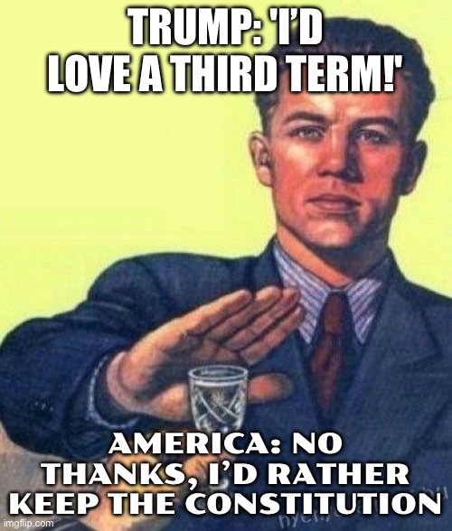 Trump leaves door open for unconstitutional third term: 'I would love to do it' | TRUMP: 'I’D LOVE A THIRD TERM!'; AMERICA: NO THANKS, I’D RATHER KEEP THE CONSTITUTION | image tagged in no thanks i rather,donald trump,constitution,president of the united states,wait thats illegal,donald trump the clown | made w/ Imgflip meme maker