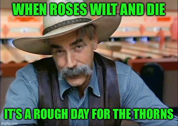 Sam Elliott special kind of stupid | WHEN ROSES WILT AND DIE; IT’S A ROUGH DAY FOR THE THORNS | image tagged in sam elliott special kind of stupid | made w/ Imgflip meme maker
