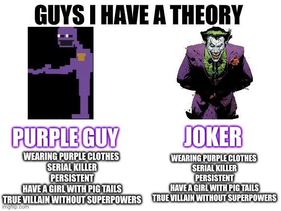 Purple guy is kinda similar to joker | JOKER; PURPLE GUY; WEARING PURPLE CLOTHES 
SERIAL KILLER
PERSISTENT
HAVE A GIRL WITH PIG TAILS
TRUE VILLAIN WITHOUT SUPERPOWERS; WEARING PURPLE CLOTHES 
SERIAL KILLER
PERSISTENT
HAVE A GIRL WITH PIG TAILS
TRUE VILLAIN WITHOUT SUPERPOWERS | image tagged in guys i have a theory | made w/ Imgflip meme maker
