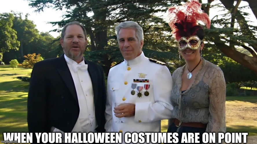 Halloween party costumes epstein etc etc | WHEN YOUR HALLOWEEN COSTUMES ARE ON POINT | image tagged in halloween,halloween costume,jeffrey epstein | made w/ Imgflip meme maker