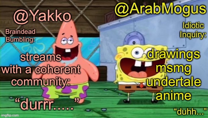 probably a couple more | streams with a coherent community:; drawings
msmg
undertale
anime | image tagged in yakko and arabmogus s shared temp | made w/ Imgflip meme maker
