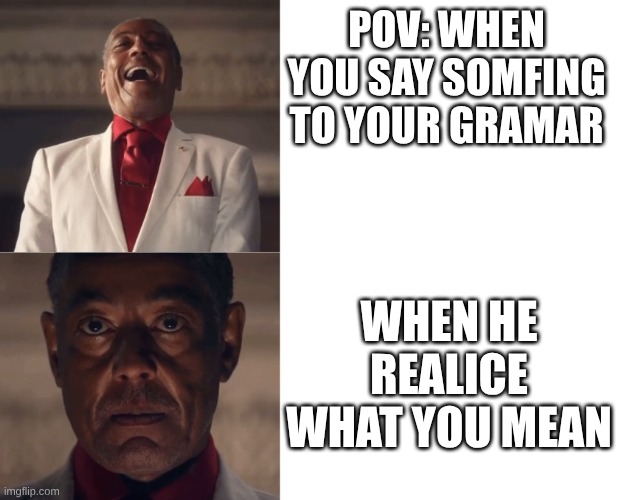 Gus Laughing then Serious | POV: WHEN YOU SAY SOMFING TO YOUR GRAMAR; WHEN HE REALICE WHAT YOU MEAN | image tagged in gus laughing then serious | made w/ Imgflip meme maker
