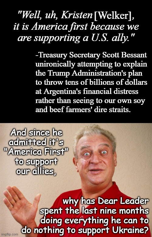 Seems like the common thread in all this is whether Dear Leader's moves serve China's, Russia's interests. | [Welker]; "Well, uh, Kristen               ,
it is America first because we
are supporting a U.S. ally."; -Treasury Secretary Scott Bessant
unironically attempting to explain
the Trump Administration's plan
to throw tens of billions of dollars
at Argentina's financial distress
rather than seeing to our own soy
and beef farmers' dire straits. And since he
admitted it's
"America First"
to support
our allies, why has Dear Leader
spent the last nine months
doing everything he can to
do nothing to support Ukraine? | image tagged in trump unfit unqualified dangerous,sell out,traitor,trump is the enemy from within | made w/ Imgflip meme maker