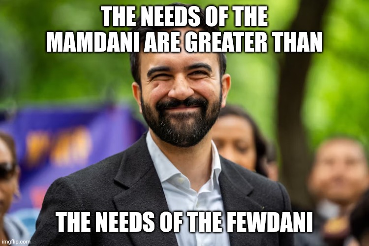 Zohran Mamdani grinning | THE NEEDS OF THE MAMDANI ARE GREATER THAN THE NEEDS OF THE FEWDANI | image tagged in zohran mamdani grinning | made w/ Imgflip meme maker