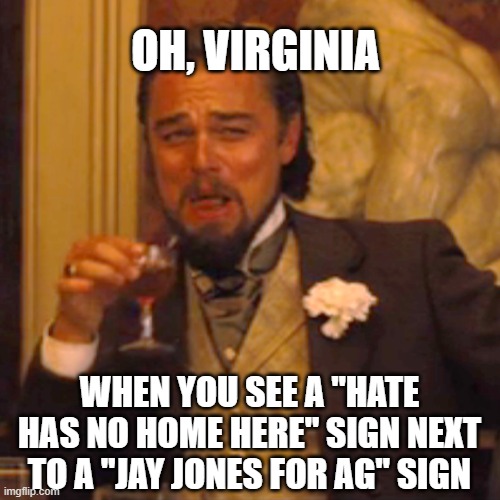 Laughing Leo | OH, VIRGINIA; WHEN YOU SEE A "HATE HAS NO HOME HERE" SIGN NEXT TO A "JAY JONES FOR AG" SIGN | image tagged in memes,laughing leo | made w/ Imgflip meme maker