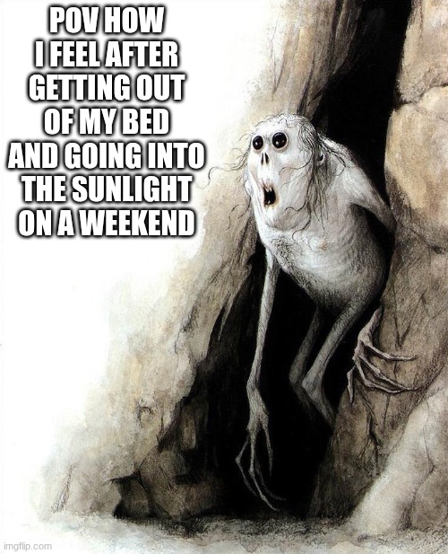 Image Title | POV HOW I FEEL AFTER GETTING OUT OF MY BED AND GOING INTO THE SUNLIGHT ON A WEEKEND | image tagged in getting out of cave,funny,relatable,weekend,bed | made w/ Imgflip meme maker