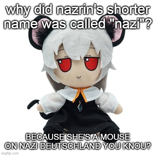 nazi nazrin | why did nazrin's shorter name was called "nazi"? BECAUSE SHE'S A MOUSE ON NAZI DEUTSCHLAND YOU KNOU? | image tagged in nazrin fumo | made w/ Imgflip meme maker