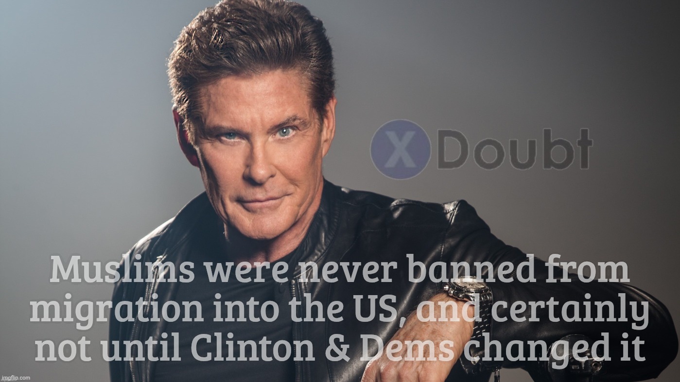Hoff X Doubt | Muslims were never banned from migration into the US, and certainly not until Clinton & Dems changed it | image tagged in hoff x doubt | made w/ Imgflip meme maker