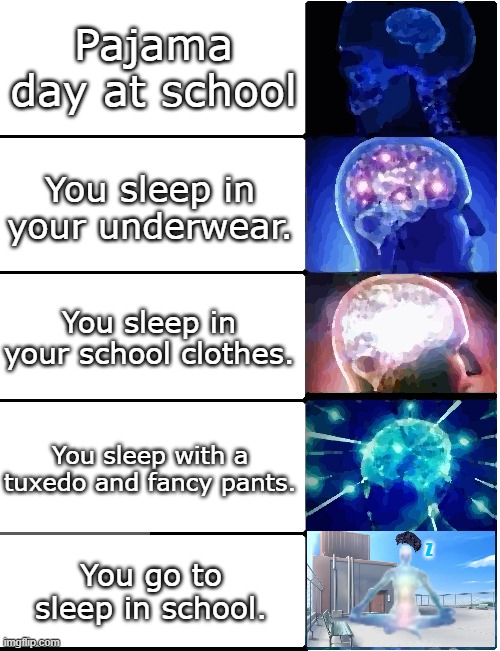 That is a meme. And today is PJ day at mine so... | Pajama day at school; You sleep in your underwear. You sleep in your school clothes. You sleep with a tuxedo and fancy pants. You go to sleep in school. Z | image tagged in expanding brain 5 panel,pajamas,expanding brain,school,fart,funny | made w/ Imgflip meme maker
