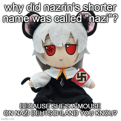 nazi nazrin | why did nazrin's shorter name was called "nazi"? BECAUSE SHE'S A MOUSE ON NAZI DEUTSCHLAND YOU KNOU? | image tagged in nazrin fumo,touhou | made w/ Imgflip meme maker