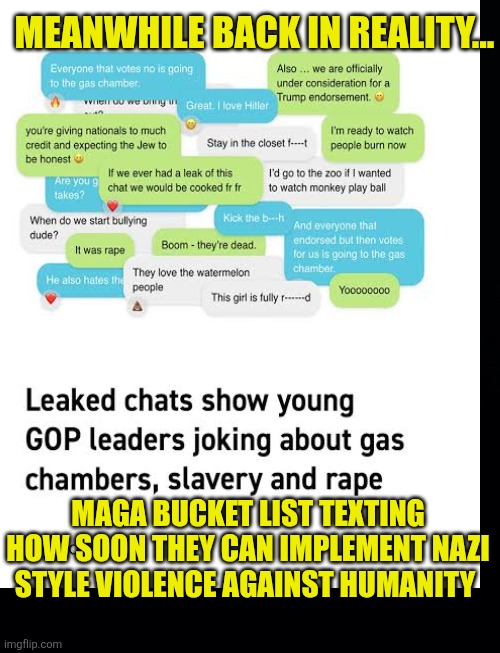 Black background | MEANWHILE BACK IN REALITY... MAGA BUCKET LIST TEXTING HOW SOON THEY CAN IMPLEMENT NAZI STYLE VIOLENCE AGAINST HUMANITY | image tagged in black background | made w/ Imgflip meme maker