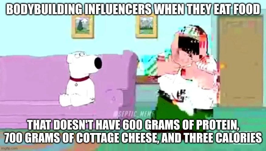 Peter tries rice cakes glitched | BODYBUILDING INFLUENCERS WHEN THEY EAT FOOD; THAT DOESN'T HAVE 600 GRAMS OF PROTEIN, 700 GRAMS OF COTTAGE CHEESE, AND THREE CALORIES | image tagged in peter tries rice cakes glitched | made w/ Imgflip meme maker